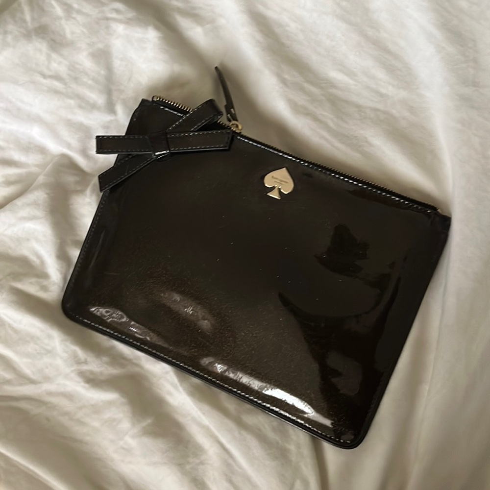 Kate Spade Brown Patent Leather Glitter Clutch Pouch Cosmetic Travel Tablet Bag